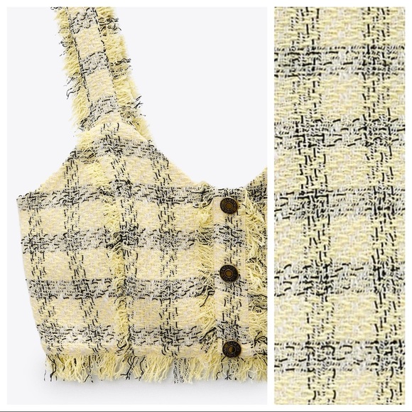 NWT. Zara Yellow Textured Frayed Crop Strappy Top with Buttons. Size L. - Picture 5 of 10